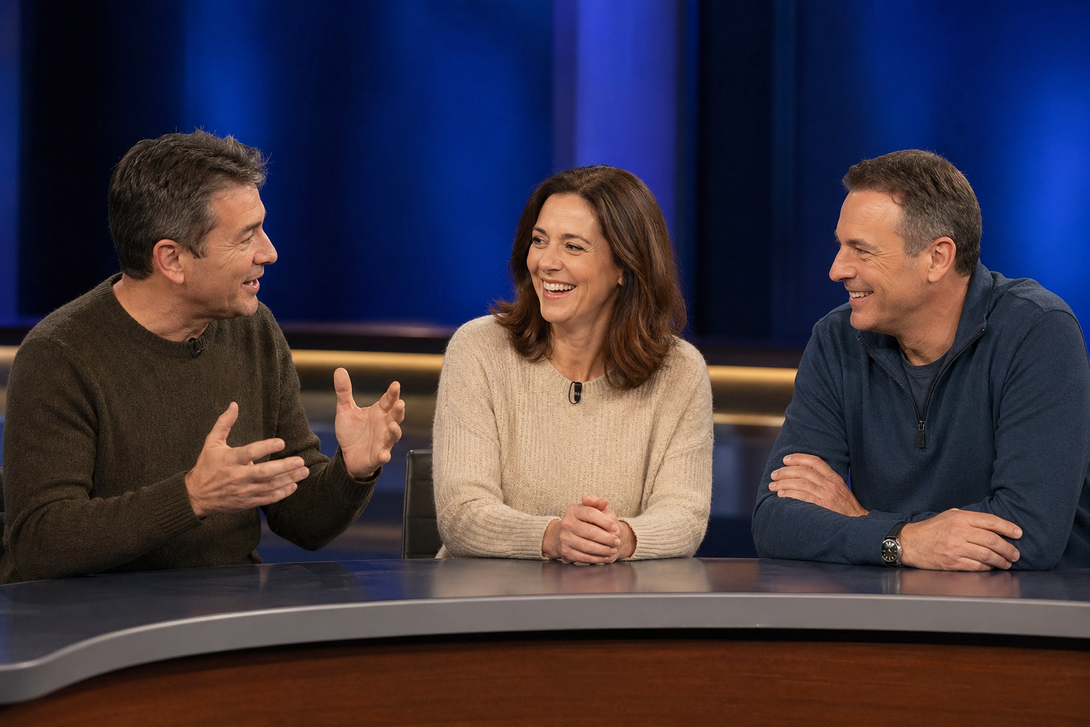 TV talk show studio, lively panel discussion, professional broadcast setting